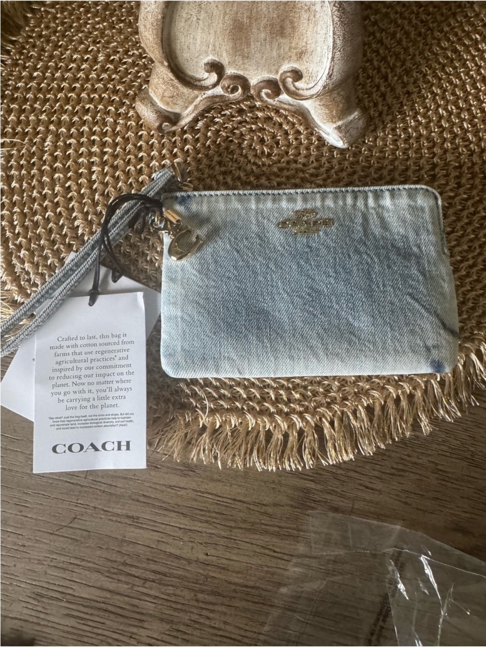 NWT Coach Light Blue Denim Zip Wristlet with Gold Hardware in Original Packaging